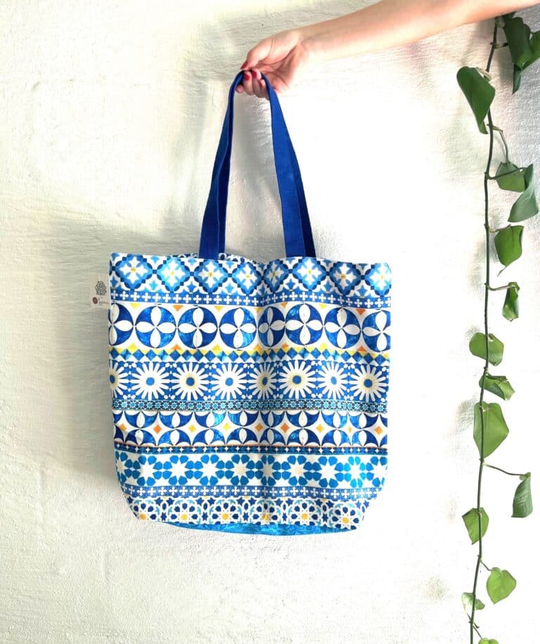 a blue and white bag
