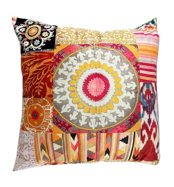 Square Velvet Cushion Caravanserai soft pink, salmon, ochre, cinnamon and faded reds