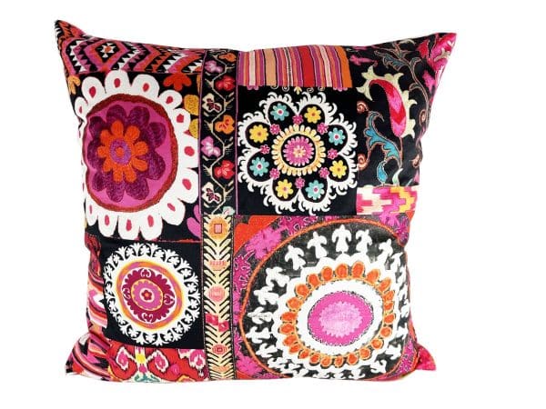 Velvet Square Cushion Karabagh black Uzbek suzanis and ikat fragments